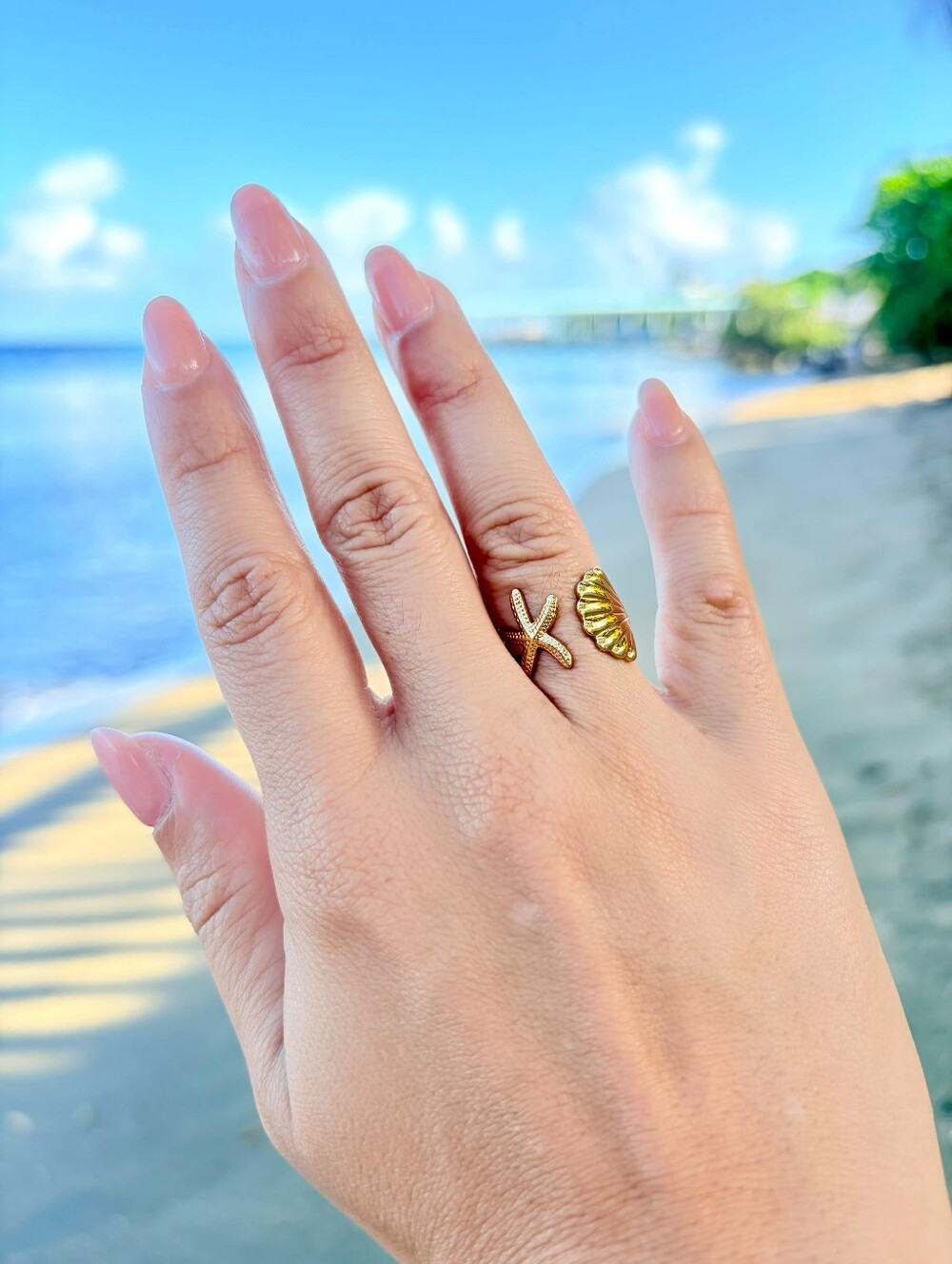 Gold Stainless Steel Adjustable Ring - Seashell & Starfish Beach Design